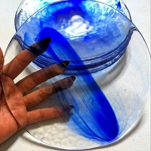 Bormioli Rocco Murano 3 cobalt blue swirl handblown 8" glass‎ plates